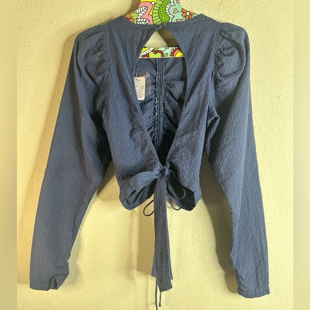Free People Tie Back Poplin Top Open Back blue size Extra small